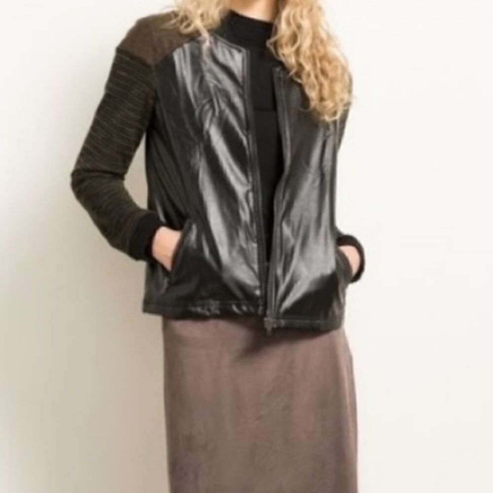 Vegan Leather/Knit Spliced Bomber Jacket - Picture 12 of 16